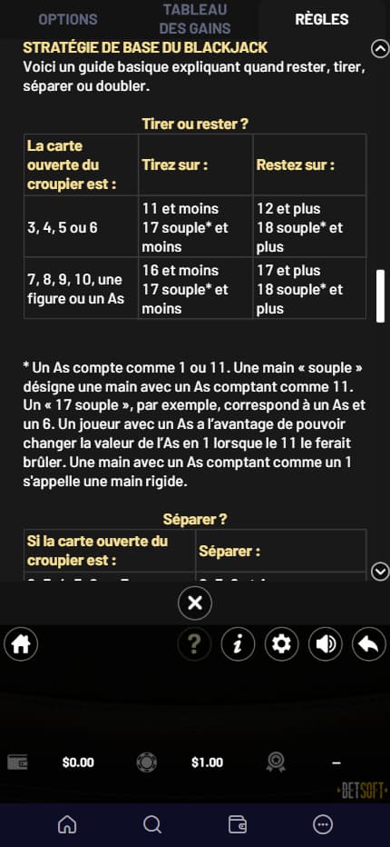 Les règles du blackjack affichées sur le jeu American Blackjack