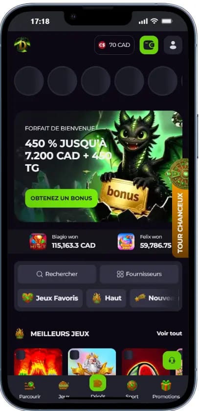 Home page Drakaris casino, avec dragon vert et bonus de bienvenue