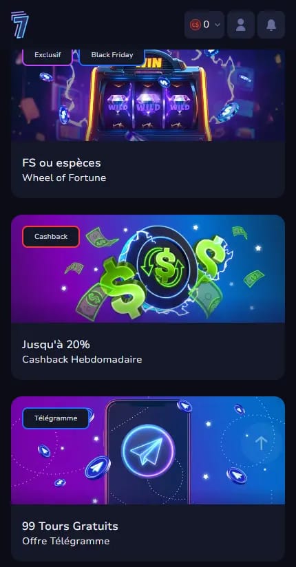 Page Promotions de 7Bit Casino en français, avec le bonus de bienvenue de 100 % + 100 tours gratuits sur le premier dépôt, l