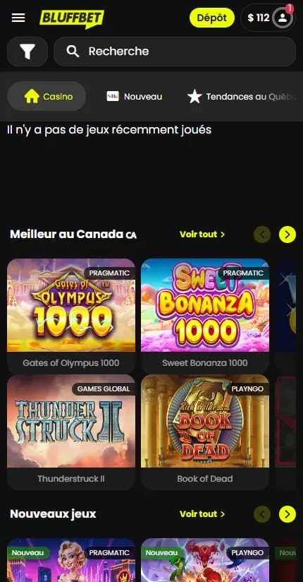 Lobby du casino BluffBet en français au Canada sur ordinateur, avec le menu principal, les catégories de jeux (Nouveau, Tendances au Québec, Jackpots, Jeux de crash, Acheter un bonus, Megaways) et des machines à sous comme Fish Tales Double Catch, Vikings Go Berzerk, Buffalo Hold and Win Extreme 10,000, Jade Coins et 3 Chillies and Joker.