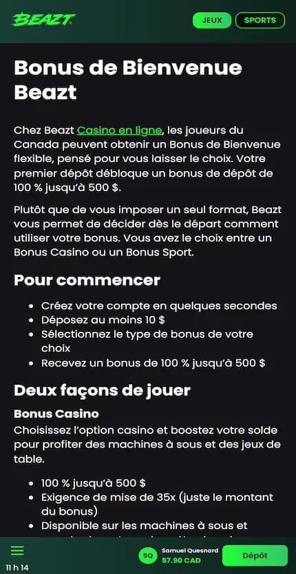 Capture sur desktop présentant les conditions de bonus de Beazt casino