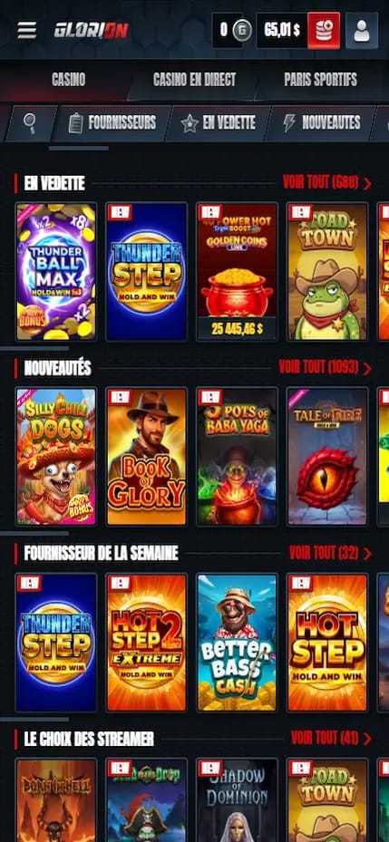 Lobby casino mobile de Glorion sur iPhone avec les onglets Casino, Casino en direct et Paris sportifs, les rubriques En vedette, Nouveautés, Fournisseur de la semaine et Le choix des streamers