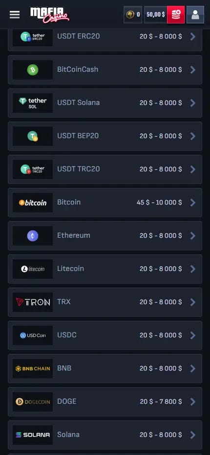 Paiement en cryptomonnaies disponibles sur Mafia Casino