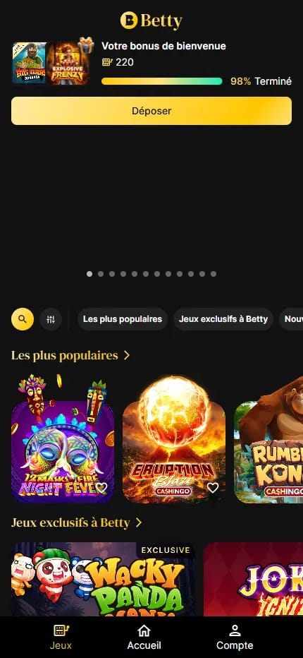 Interface de Betty Casino avec l