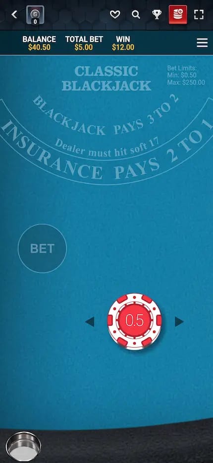 Interface du jeu Blackjack Classic sur Glorion Casino