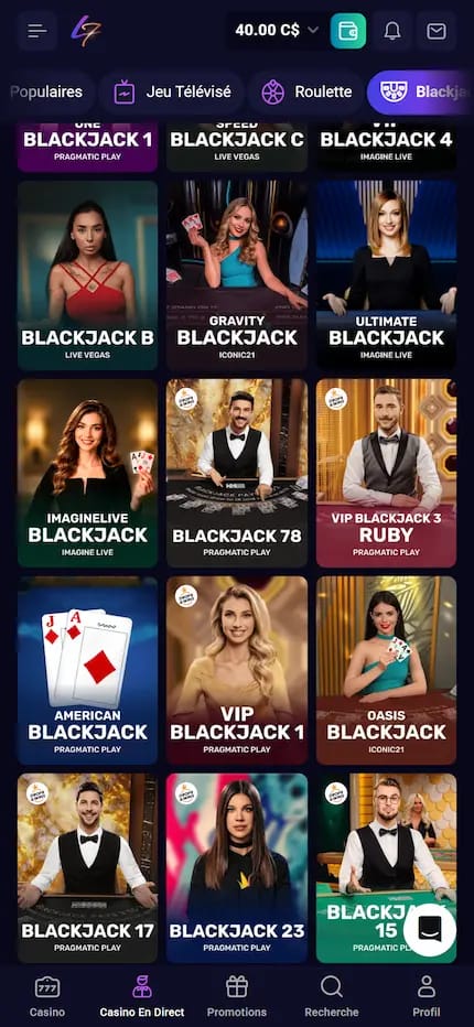 Lobby blackjack en direct avec fournisseurs sur Lucky7even Casino