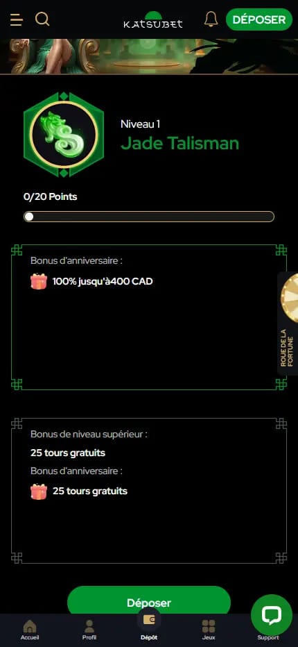 Page VIP de KatsuBet en français au Canada sur ordinateur, avec la bannière Programme VIP, le niveau 1 Jade Talisman et sa barre de progression à 0/20 points, un bonus d