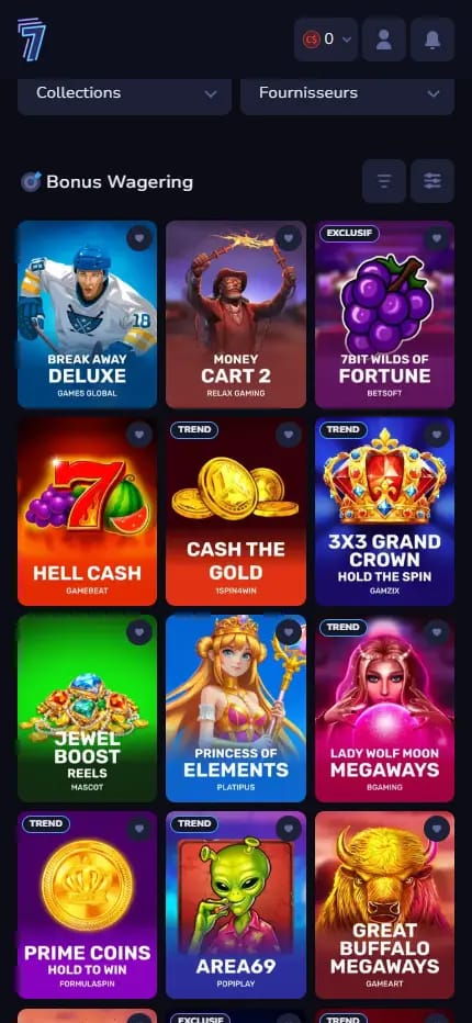 Catégorie Bonus Wagering de 7Bit Casino en français sur ordinateur, qui regroupe les machines à sous utilisables pour remplir les exigences de mise du bonus, comme Break Away Deluxe, Money Cart 2, 7Bit Wilds of Fortune, Hell Cash, Lady Wolf Moon Megaways et Great Buffalo Megaways, avec les étiquettes Exclusif et Trend et les options de filtre et de tri.