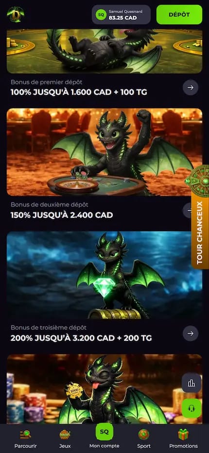 Capture sur desktop présentant les différents palliers du bonus de bienvenue de Drakaris Casino