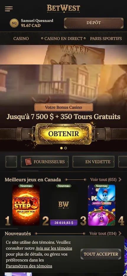 Capture sur Desktop du bonus de bienvenue de Betwest Casino
