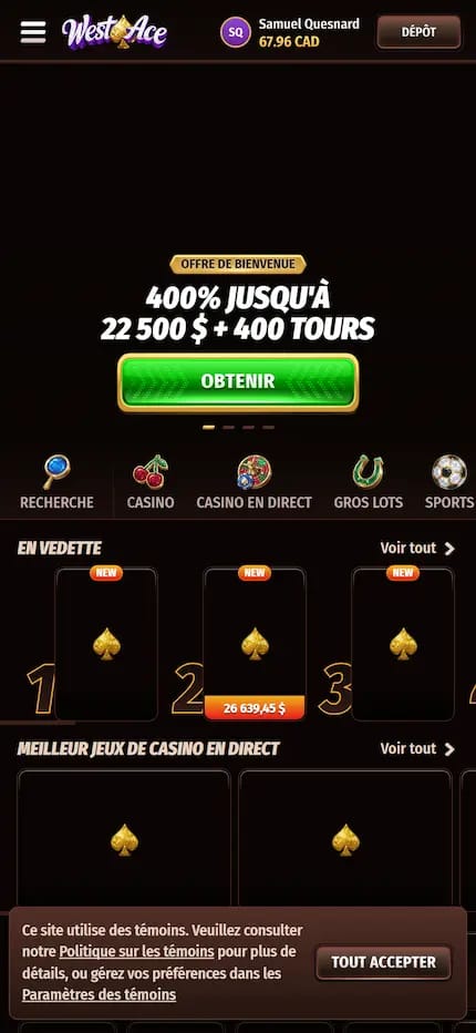 Capture sur desktop présentant le montant de bienvenue de Westace Casino