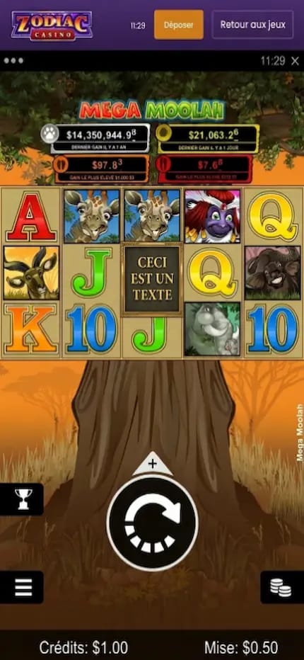 Interface de Mega Moolah sur Zodiac Casino