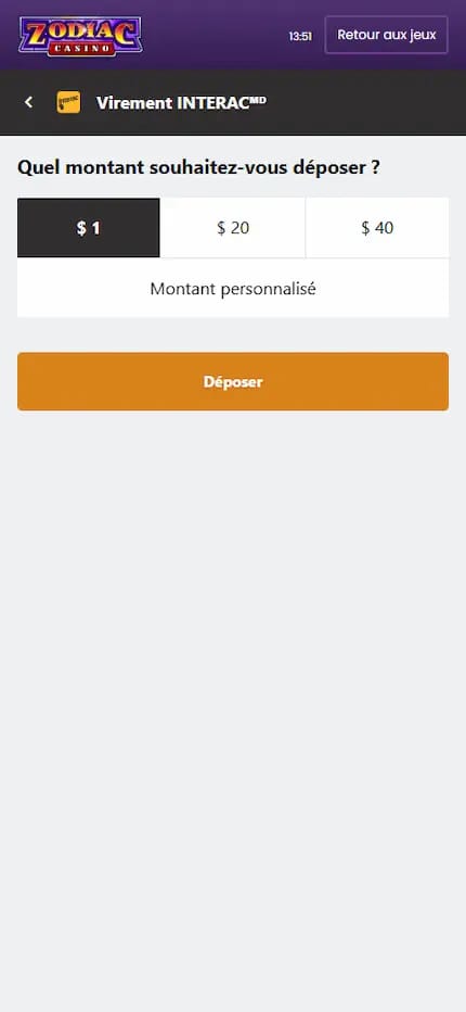 Dépôt de 1$ sur Zodiac Casino