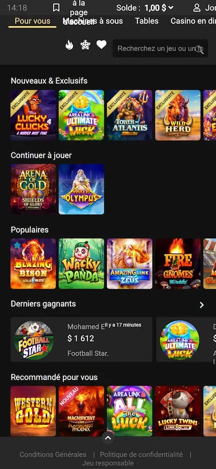 Lobby du site Lucky Nugget présentant les différents titres disponibles avec un dépôt de 1$