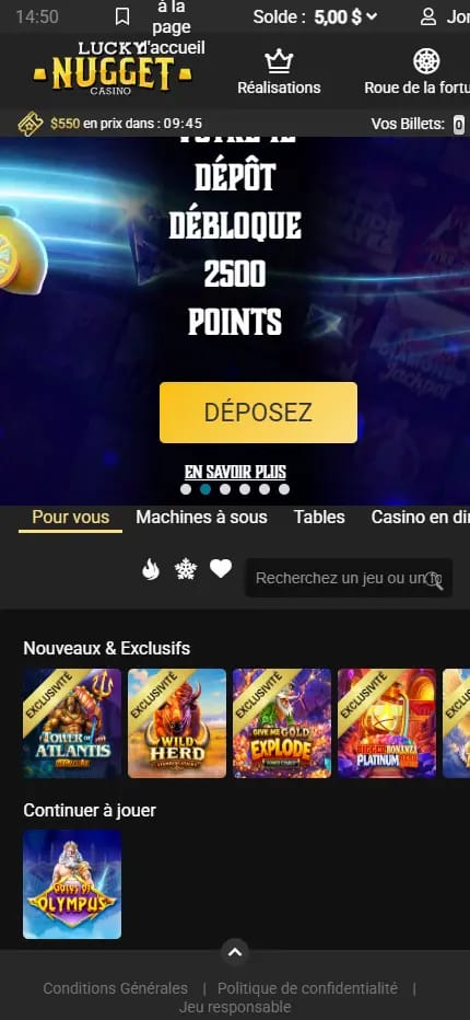 dépôt 5 $  sur Lucky Nugget