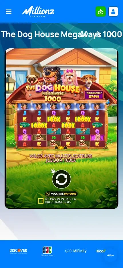 Interface du jeu The Dog House sur Millionz Casino avec un solde de 5 $