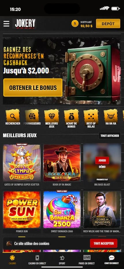 Capture du lobby de jeux de Jokery Casino sur desktop