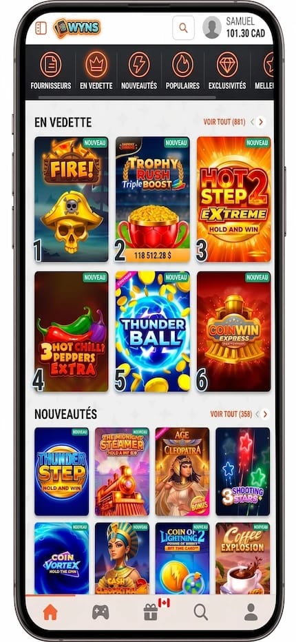 Capture présentant les jeux payants de Wyns Casino