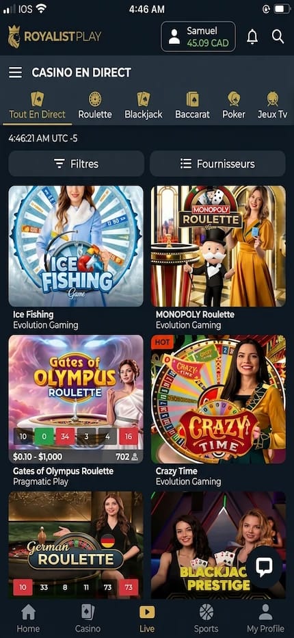 Capture présentant la section casino en direct de Royalist Casino