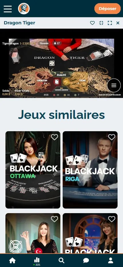 Interface du jeu live Dragon Tiger sur Alexander casino
