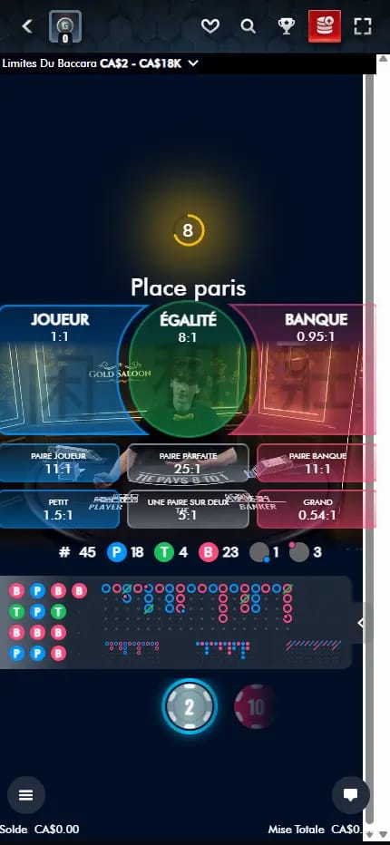 Interface de Gold Saloon Baccarat sur Glorion Casino