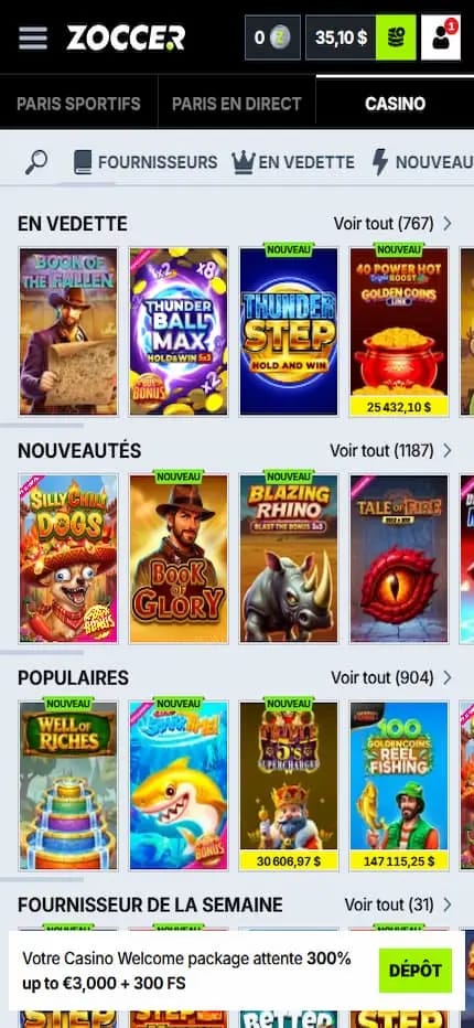 Lobby de Zoccer présentant les catégories de machines à sous et les jackpots affichés sur certains jeux
