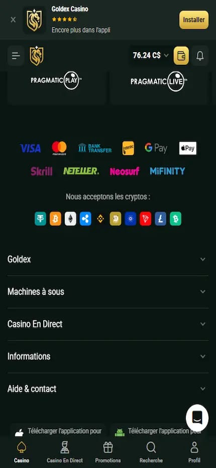 Pied de page de Goldex sur iPhone avec les logos des moyens de paiement acceptés