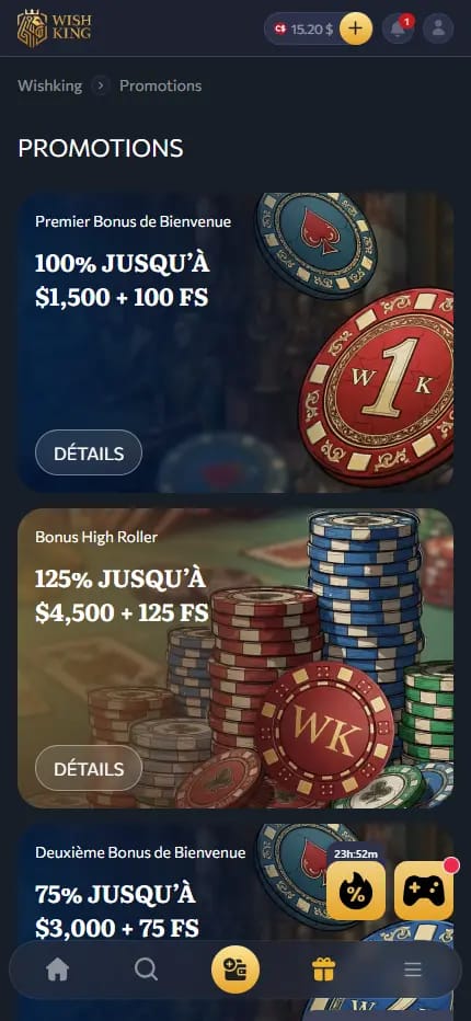Capture de la page des bonus de Wish King Casino avec toutes les offres disponibles.