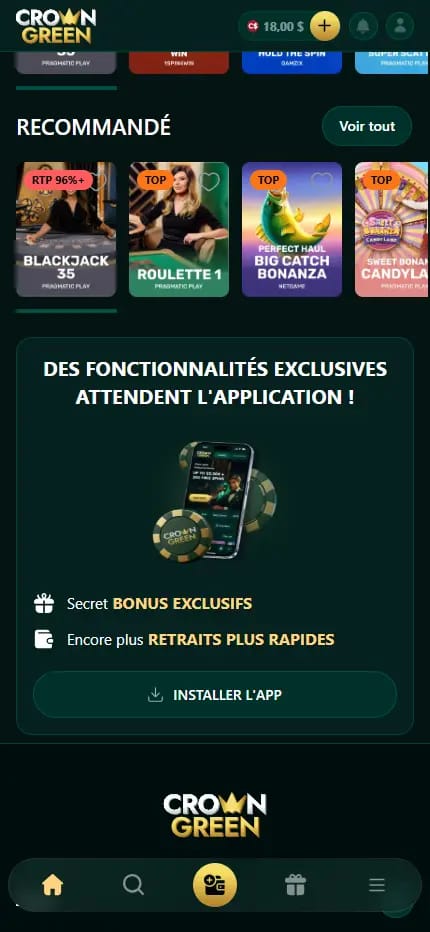 Capture du bas de page de Crown Green Casino avec l