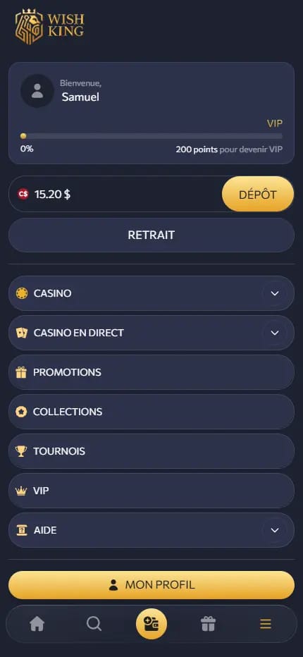Interface de jeux de Wish King casino avec les catégories disponibles et toutes les commandes du menu.