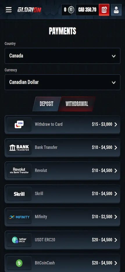 Capture web de la caisse de Glorion Casino