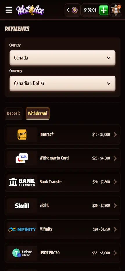 Capture web de la caisse de Westace Casino