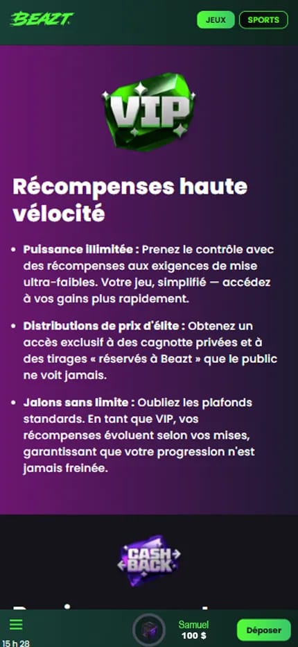 Capture mobile de la présentation du programme de bienvenue de Beazt Casino