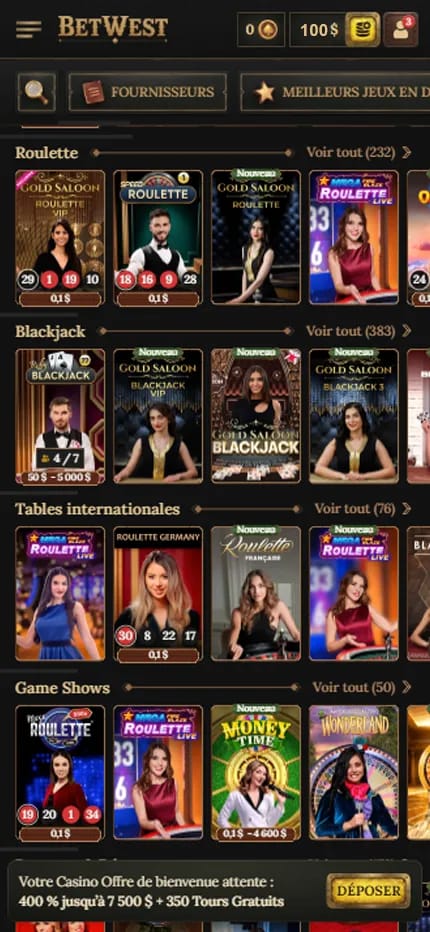 Capture web de la section casino avec croupier en direct de BetWest Casino