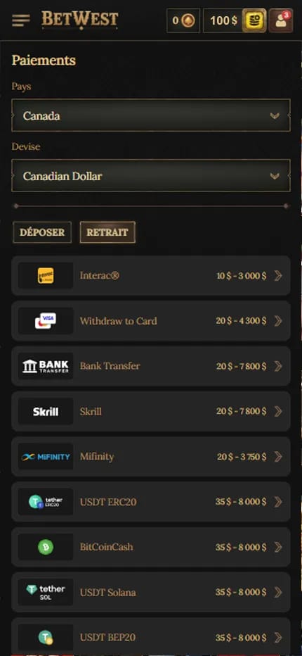 Capture web de la caisse de BetWest Casino