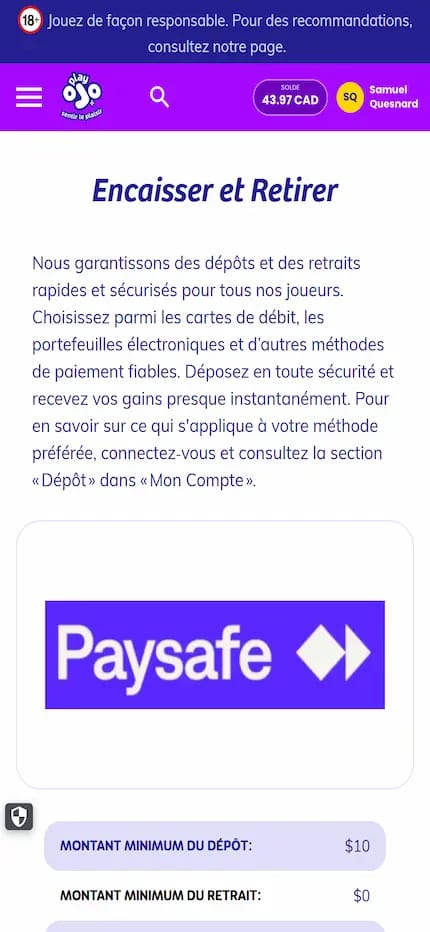 Capture sur desktop de la caisse de PlayOjo
