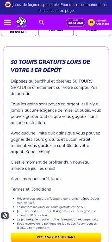 Capture sur desktop présentant le bonus sans wager du casino PlayOjO