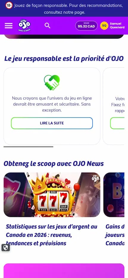 Capture sur mobile présentant la page du jeu responsable du Casino PlayOjo
