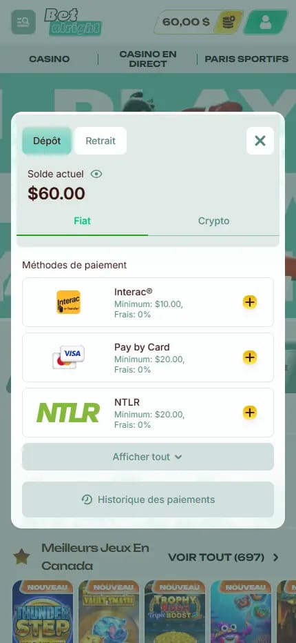 Page de dépôt avec un solde de $60 et la possibilité d