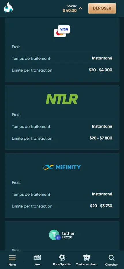 Page de paiement proposant d