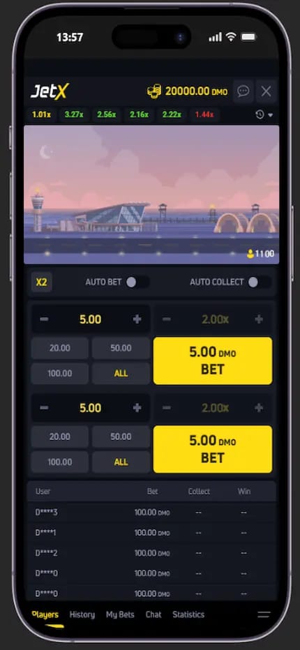 Interface du jeu JetX présentant les mises disponibles et les multiplicateurs