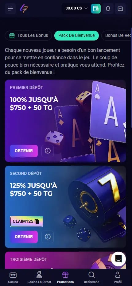 Détails du bonus de bienvenue de Lucky7even Casino