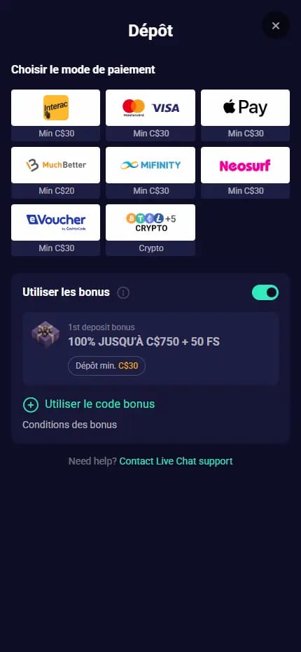 Page de dépôt sur Lucky7even présentant les méthodes de paiement disponibles