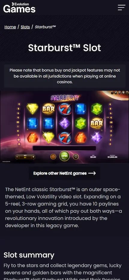 Jeu Stardust en mode gratuit depuis le site de Evolution