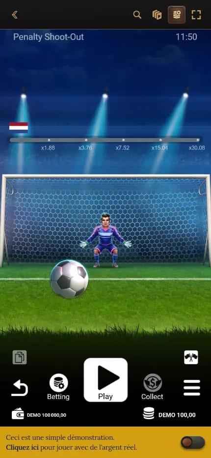 Interface du jeu Penalty Shoot Out présentant les multiplicateurs, le ballon, le gardien protégeant les cages
