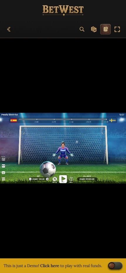 Interface de Penalty Shoot Out en mode démo sur Betwest