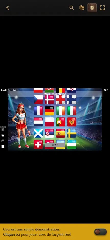 Interface du jeu Penalty Shoot Out présentant pays disponibles avant de démarrer la partie