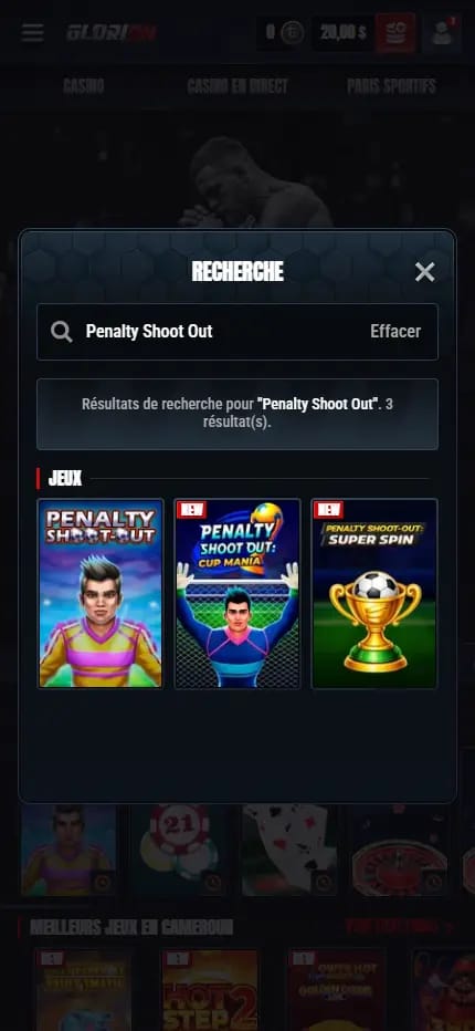 Présence du jeu Penalty Shoot Out dans le lobby