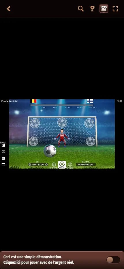 Interface de Penalty Shoot Out en mode démo sur West Ace Casino