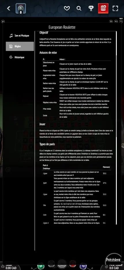 Description des règles de la roulette européenne sur Glorion Casino